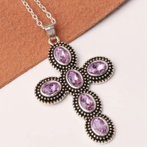 Elegant Silver and Purple Cross Pendant Necklace